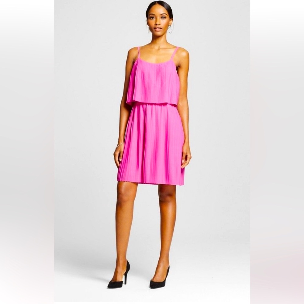 “Fiesta” bright pink pleated accordion tiered spaghetti strap knee-length dress